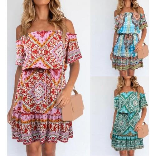 Summer Women Floral Wrap Dress Midi Dress Elastic Breathable Polyester Women Off Shoulder Front Ruffle Mini Dresses for Women