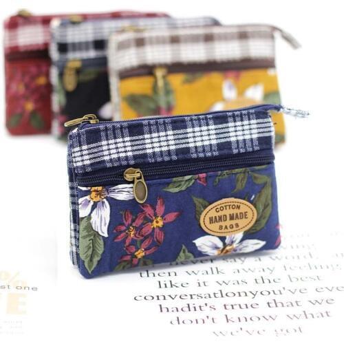 Flower Coin Purse Multi-layer Cotton Fabric Women Card Wallet Small Change Bag Retro Canvas Female Hand Purses Pouch