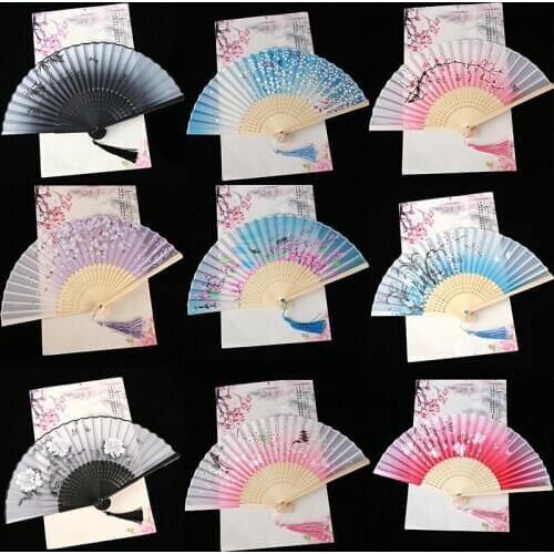 Silk Fan Chinese Japanese Vintage Style Folding Fan Home Decoration Ornaments Pattern Art Craft Gift Wedding Dance Hand Fan
