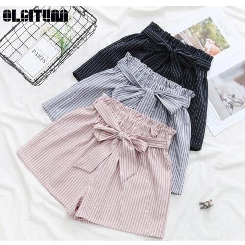 New 2020 Summer Elegant Slim Thin Plaid Bow Sashes Striped Shorts Women Wide Leg Shorts Loose High Waist Shorts PT325