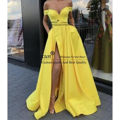 Sexy Yellow Evening Dresses with Pockets A-line V-neck Off Shoulder Slit Islamic Dubai Saudi Arabic Long Elegant Evening Gown