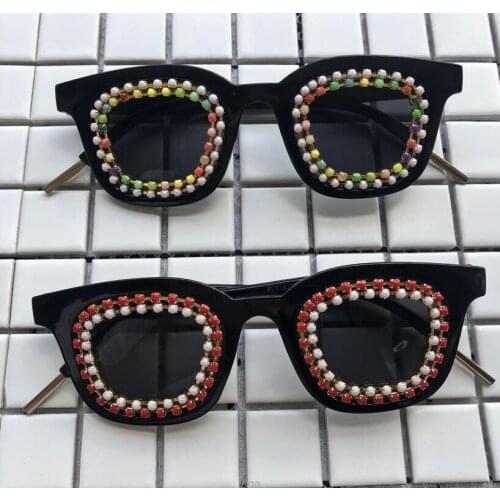 Handmade Black Men Women Diamond Sunglasses Rainbow Beads Eyewear Oval Shades UV400 Funny Designer Sun Glasses Luxury Gafas de