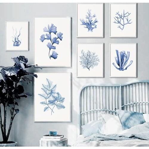 Watercolor Blue Coral Vintage Wall Art Canvas Painting Nordic Posters And Prints Wall Pictures For Living Room Bathroom Decor