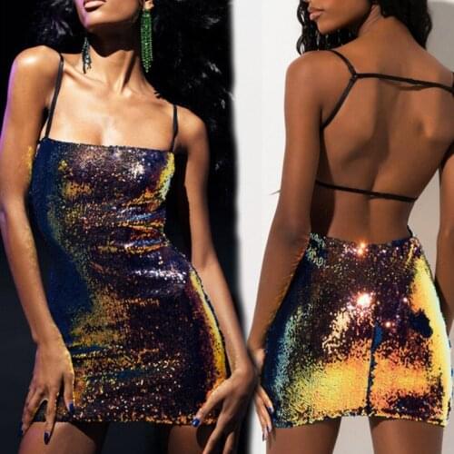 BE HYGGE 2020 Sexy Spaghetti Strap Diamonds Mini Dress Casual Backless Bodycon Night Club Slash Neck Multi Vintage Vestidos