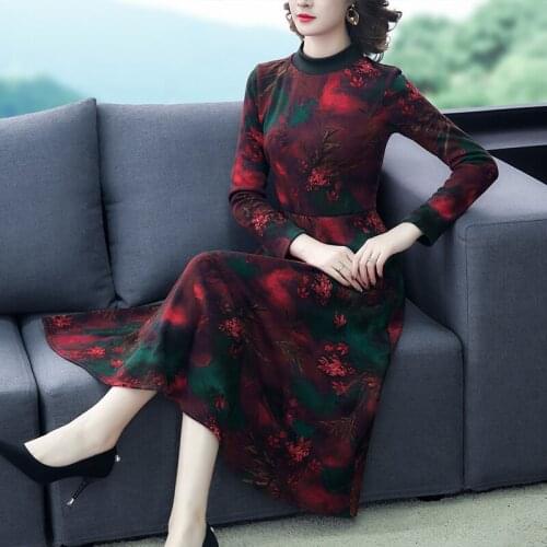 2021 Winter Vintage Red Floral Plus Thickening Dress Autumn Casual 3XL Plus Size Midi Dress Women Elegant Bodycon Party Vestidos