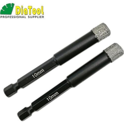 DIATOOL 2PK Vaccum Brazed Diamond drilling bits for stone porcelain tile Masonry Dia10mm Dry drilling quick-fit Shank