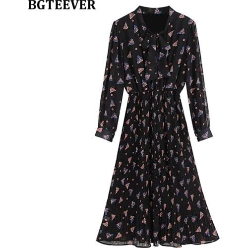 BGTEEVER Vintage Chiffon Printed Women Dresses Elegant Bow Neck Full Sleeve Ladies A-line Dress 2021 Summer Midi Vestidos Femme