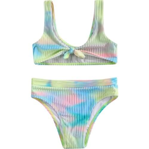 Kids Girls Bikini Colorful Swimsuit Sleeveless Tie-dye Print Crops Top and Bottoms Set Fashion 2-piece Swimming Suit 6-13Y