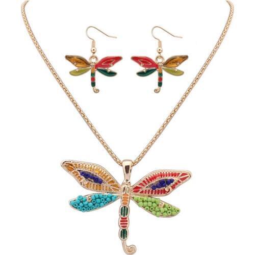 Hot Selling European Drip Oil Colorful Double-winged Dragonfly Style Necklace Earring Jewelry Set
