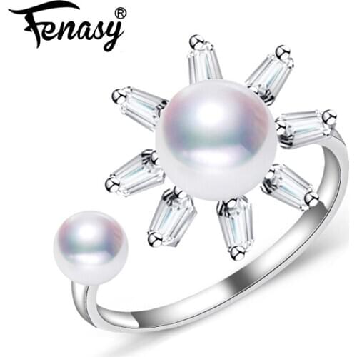 FENASY Pearl Jewelry double beads flower female rings Natural Freshwater Pearl rings 925 Silver rings for women 925 original