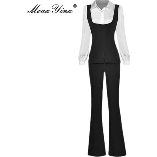 MoaaYina Fashion Designer Autumn Pants Set Women Casual Long sleeve Shirts＋Black Vest＋Flare Pants Three Piece Suit