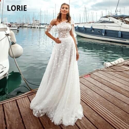 LORIE Elegant Wedding Dresses Boho One Shoulder Lace Beach Wedding Gown Custom Made White Vintage Bride Dress abito da sposa