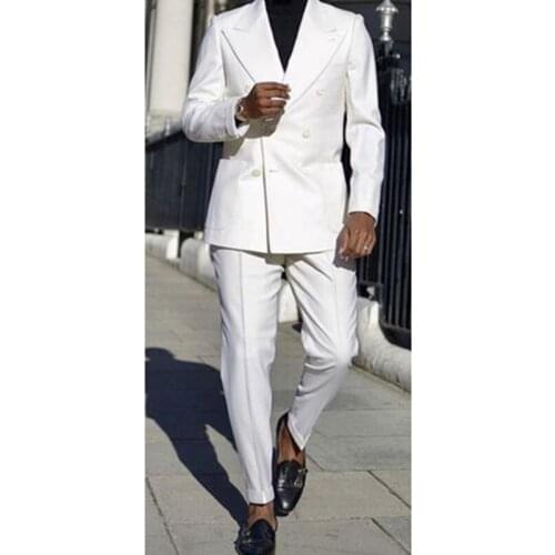 Fashion Custom Double Breasted White Men Suits Slim Fit Tuxedo Groomsmen For Wedding Dress Dinner Party Suit (Jacket+Pants+Vest)