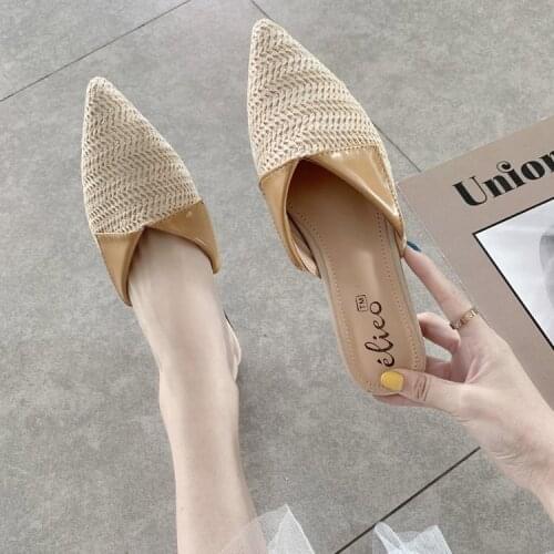 2021 new Women Slippers Fashion Pointed Toe Weave Mules Flat Slides Summer Beach sandals Outside Slip on women Shoes