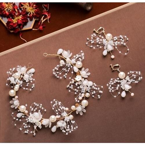 Vintage 2 Pcs Gold Pearls Wedding Hair Accessories Handmade Bridal Headbands Clip Earrings Sets Girl Women Jewelry Hairbands