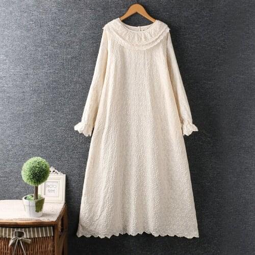 New Autumn Women Dress Japan Style Embroidery Lace O-Neck Cotton and linen Solid Color Long Sleeve Dress
