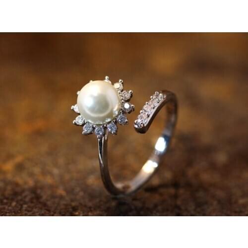 Sun Flower Wedding Bands Cultured Genuine Pearl Adjustable Rings for Women fashion Jewelry Zircon Wedding Ring,gift for her