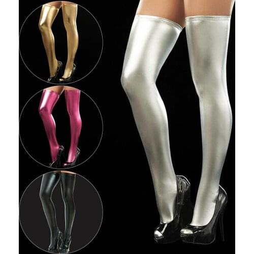 Sexy Latex Stockings Ladies Black Faux Leather Thigh High Medias Womens Long Stockings Plus Size Leg Warmers