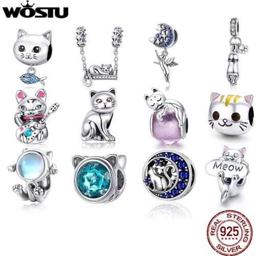WOSTU Kitty Cat Charms 925 Sterling Silver Animal Pussy Zirconia Beads Fit Original Bracelet Pendant DIY Necklace Jewelry