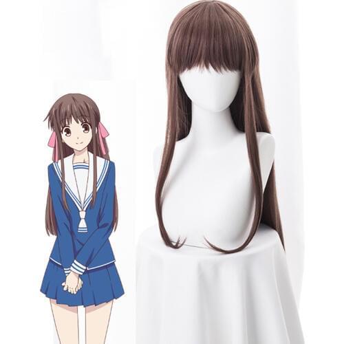 Tohru Honda Cosplay Wig 2019 FRUITS BASKET Halloween Anime Long Brown Straight Hair Fringe Bangs+Hairnet
