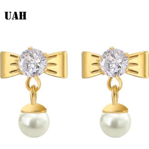 UAH New ladies fashion simple simulation pearl Bowknot earrings quality bride earrings Zirconia Stainless jewelry wholesale