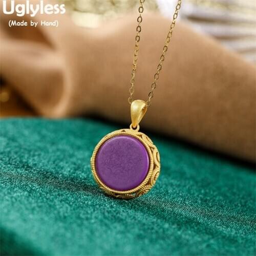 Uglyless Back Open Box Pendants NO Chains Purple Mica Lapis Jade Necklaces for Women 925 Silver Hollow Photo Folder Jewelry Sets