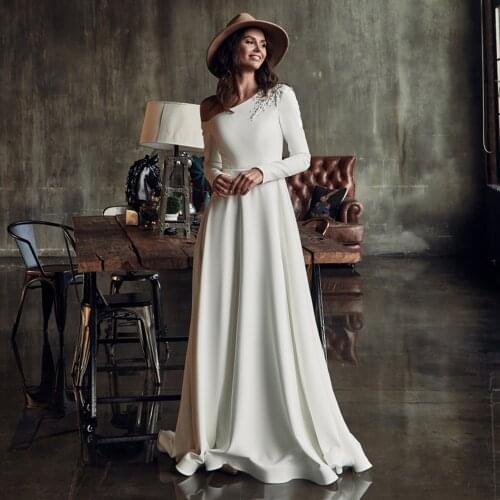 UZN BOHO One Shoulder A Line Spandex Wedding Dress Beading A Line Bridal Gown With Belt Long Sleeves Vestido De Novia