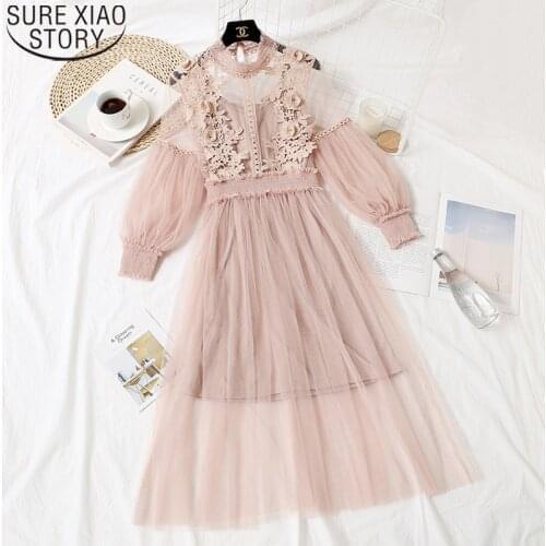Vintage Lace Dress Women Mesh Dresses Spring Sweet Lantern Sleeve Long Dress Female Princess Dresses 2 Piece Set Vestido 12041