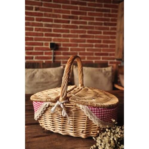 Zakka Japanese cotton red plaid pastoral lace portable storage basket willow basket picnic basket