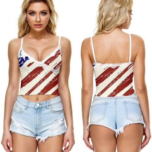 2021 Summer New Trend Womens Ribbon American Independence Day Deep V-neck Lace Camisole