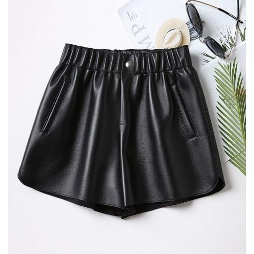 Women 2020 Spring Autumn Waist Pockets Solid Genuine Leather Casual High Street Shorts Female pantalones