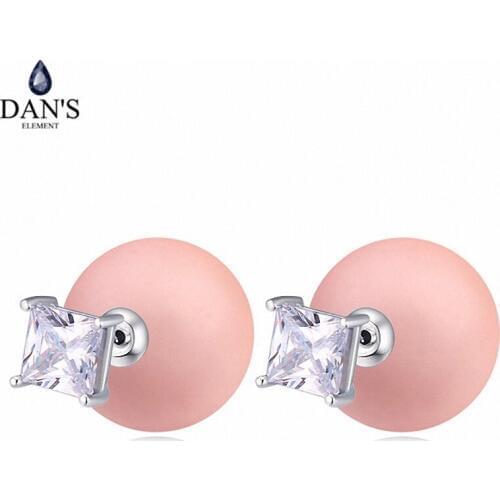 DANS ELEMENT Big Brand AAA Zirconia White Gold Color Simulated Pearl Fashion Ball Stud Earrings For Women Gift 113761pink