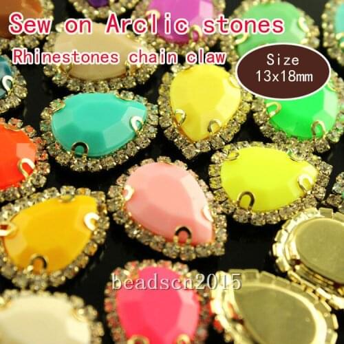9pcs 13x18mm teardrop solid candy colorful acrylic sew on stones with rhinestones chain setting flat Back acrylic rhinestones