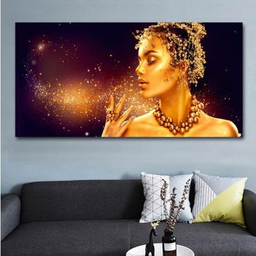 Large Size Canvas Painting African Golden Woman Poster Wall Art Portrait Picture HD Print For Living Room Bedroom Decoration
