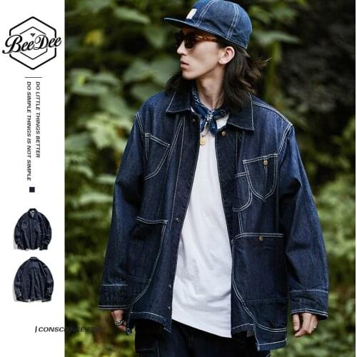 Spring and autumn irregular multi-pocket washed denim jacket mens Korean style trend loose all-match casual jacket men
