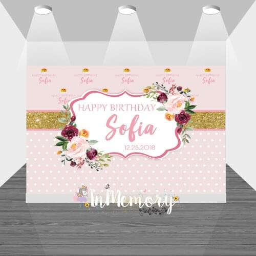 1st Birthday Girl Backdrop Decoration Banner Gold Flowers Personalized Photographic Photography Background For Photo Studio
