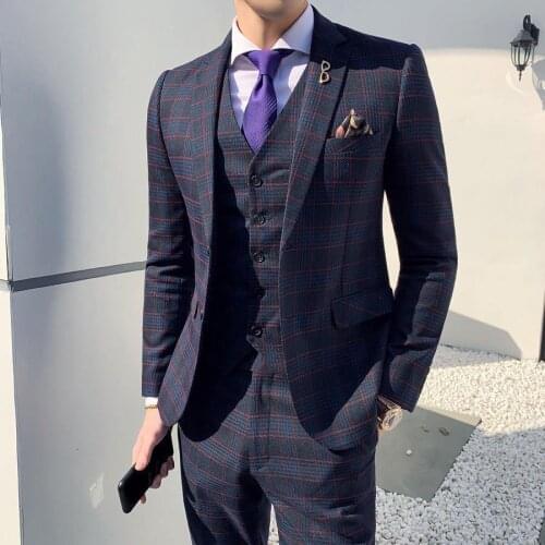 New arrival Khaki black plaid 3 Pieces Suit Man Wedding Costume Slim Fit Mens Plaid Suits High Quality Elegant Formal Work Suit
