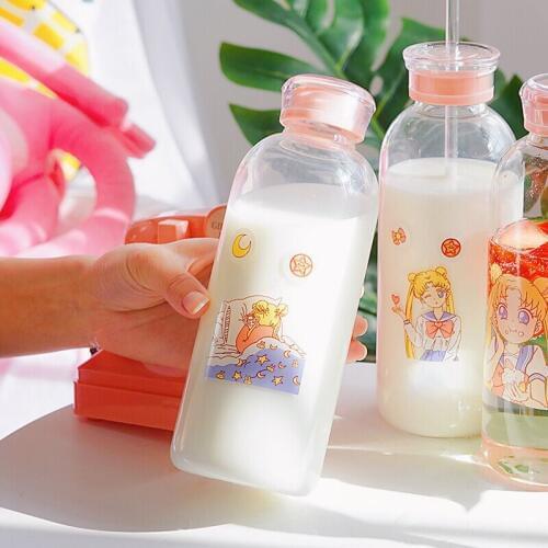 KSATMOON Drink Glass Bottles Kawaii Water Bottle Eco Friendly Glass with a Straw Glasses Kids Cute Cups Waterbottle My Bottle