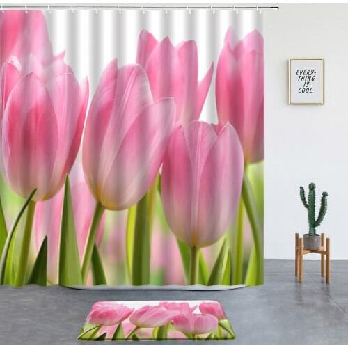 Pink Tulip Flowers Shower Curtains Set Bath Mats Floral Plant Scenery Bathroom Screen Entrance Door Mat Room Decor Non-slip Rugs