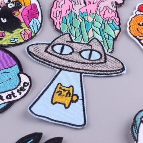 Prajna Cat UFO Patch Iron On Embroidered Patches For Clothes Sewing Ironing Stickers Heart Pride Patch Cartoon Animals Badge