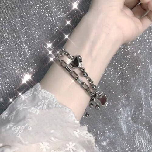 New Sweet Hip Pop Cool Heart Double Layer Retro Metalic Plated Chain Fashion Beads Bracelet For Women Travel Party Jewelry 54