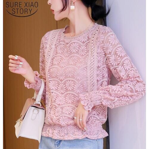 New Round-collar Flare Sleeve Lace Women Tops and Blouses Blusas Mujer De Moda 2021 Pink Green Solid Women Shirts 6279 50