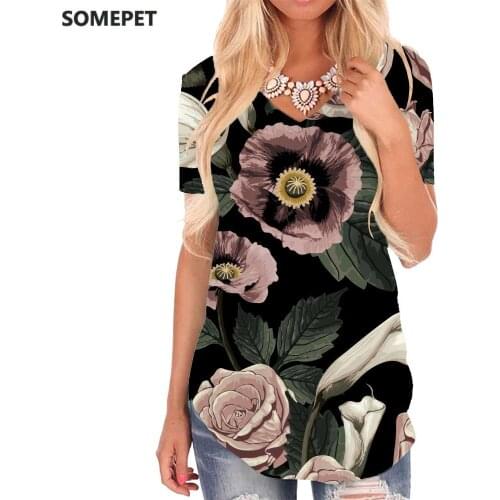 SOMEPET Colorful T Shirt Women Flowers V-neck Tshirt Leaf Shirt Print Creativity Funny T shirts Womens Clothing Punk Rock