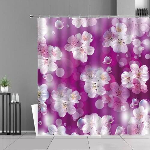 Spring Cherry Blossoms Flowers Printing Bathroom Decor Curtain Set Waterproof Polyester Fabric Shower Curtains Bathtub Partition