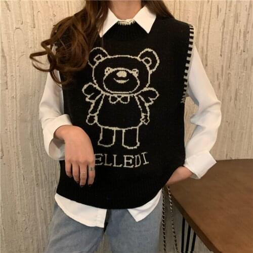 Womens Sweater Vest Cute Bear Sleeveless O Neck Loose Knitting Tops Wholesale Autumn Winter 2021 New Fashion Lady Clothing