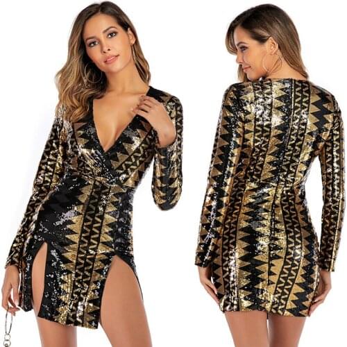 BE HYGGE Sexy V-Neck Sequin Wrap Bodycon Dress Women Long Sleeve Glitter Mini Dress Gold Elegant Slim Party Dress Vestidos