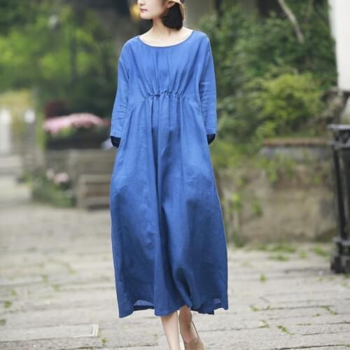Women Loose Solid Color Half Sleeve Dress Ladies Ramie Robe Dress Female Simple Loose Dress Vintage 2018 Summer