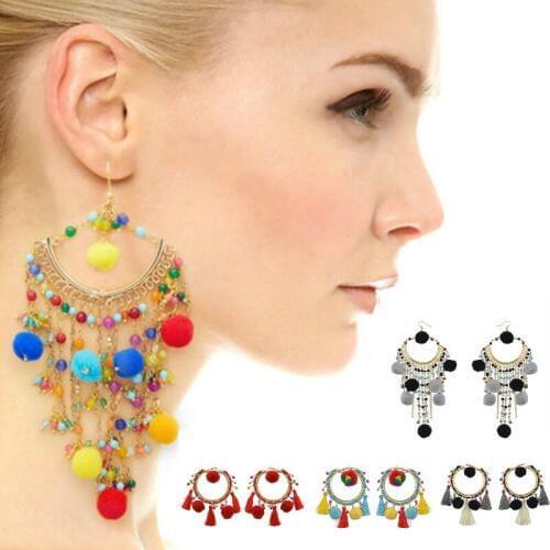 Dangle Drop Long Tassel Statement Earrings Bohemian Hippie Beach Jewelry Colorful Pom Pom Pendants Bead African Shiny Look Gifts