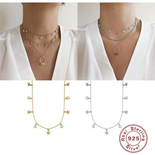 GS 925 Sterling Silver Non-Fading Zircon Star Pendant Necklaces For Women Choker Femme Chain Fine Jewelry Crystal Collar Gift