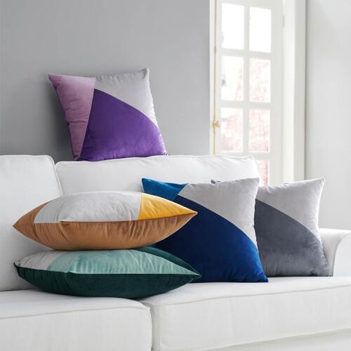 Geometric Patchwork Color Velvet Cushion Cover Yellow Green Brown Pillow Case No Balling-up Without Stuffing